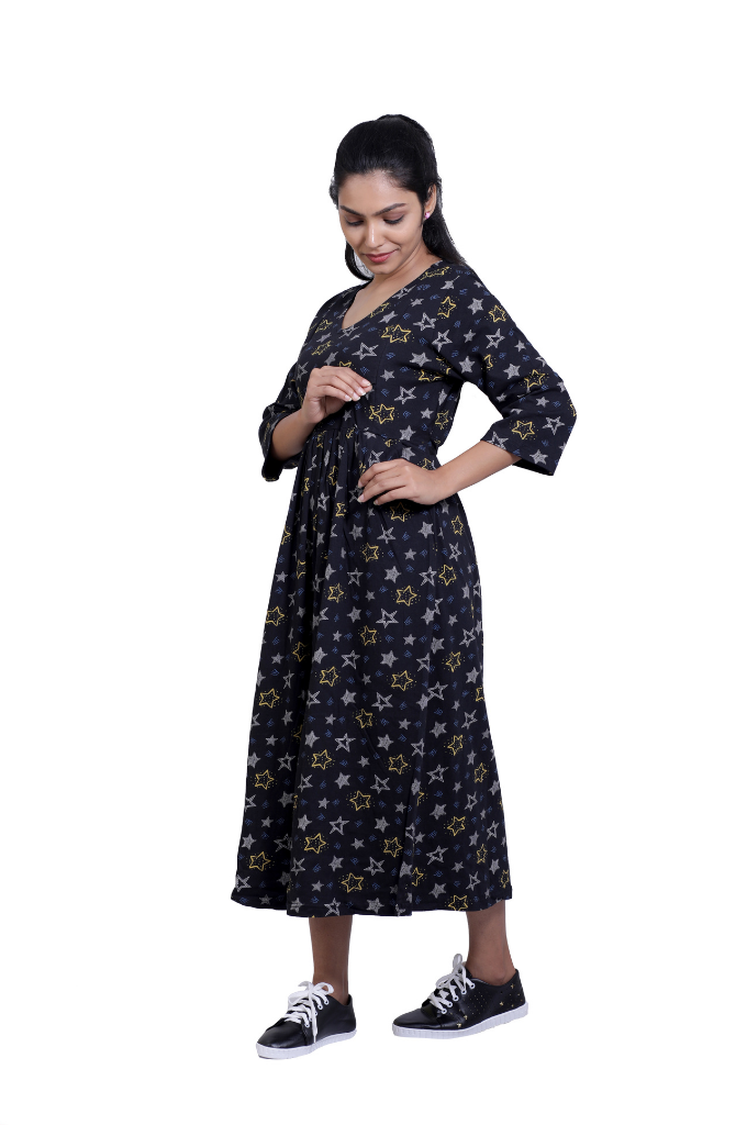 BLACK PRINTED STRETCHABLE FEEDING FROCK
