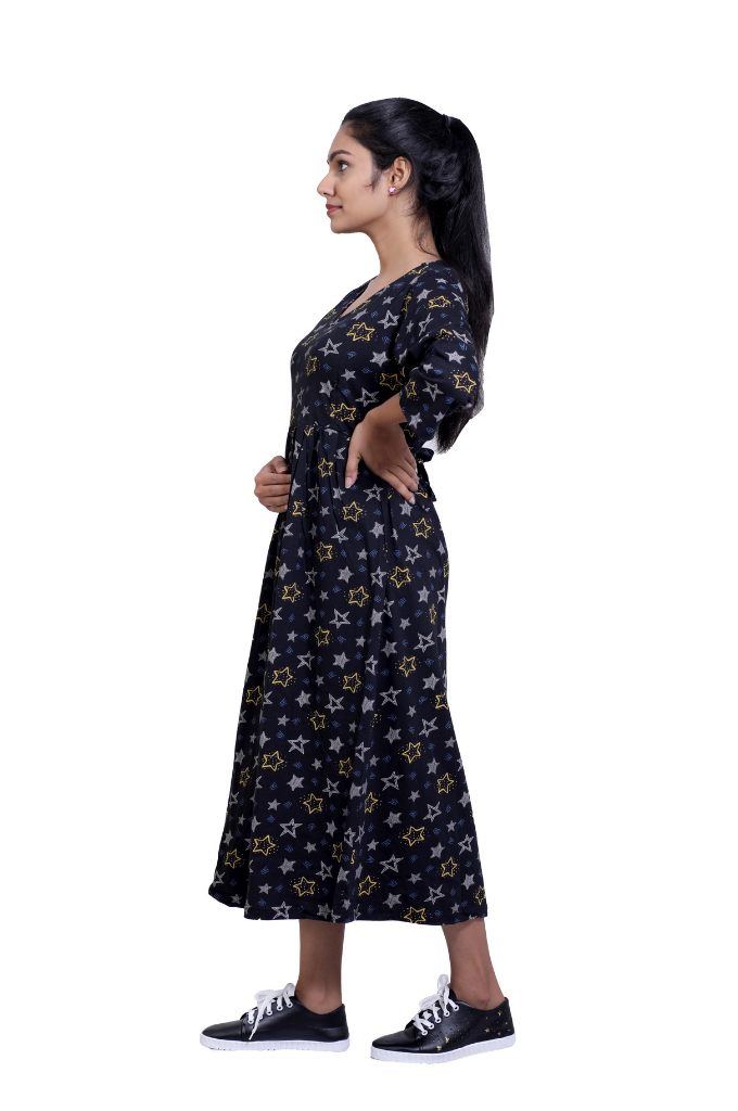BLACK PRINTED STRETCHABLE FEEDING FROCK