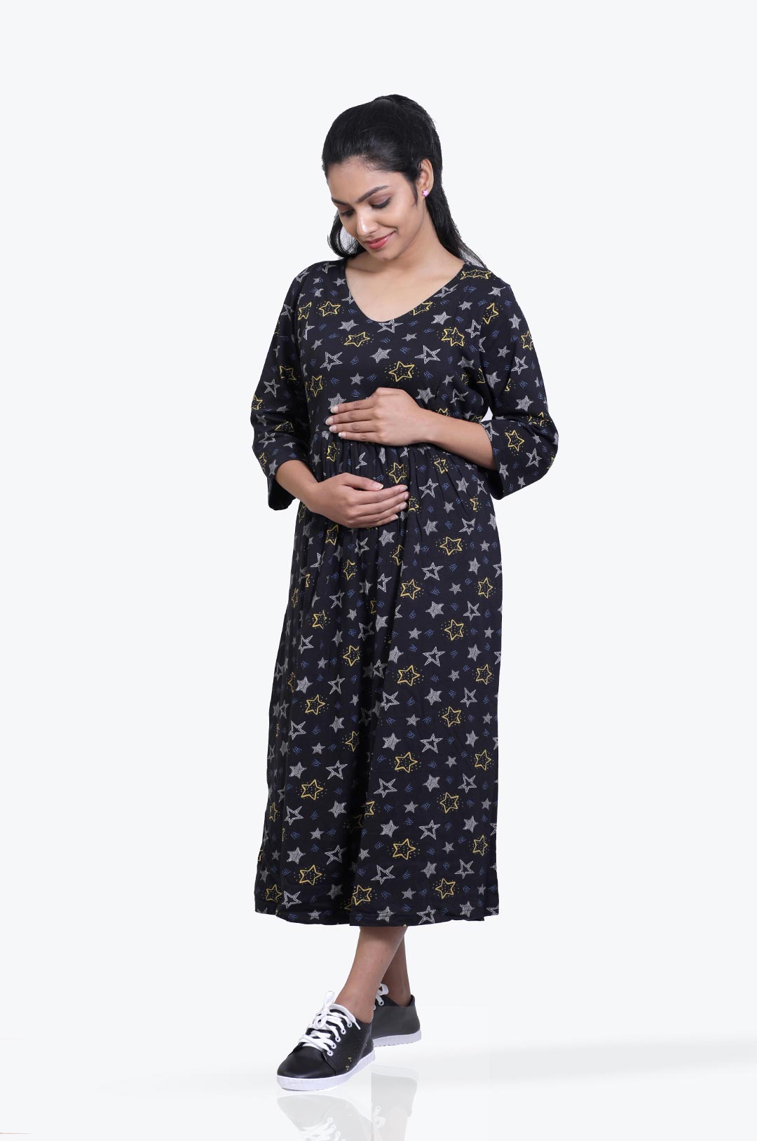BLACK PRINTED STRETCHABLE FEEDING FROCK