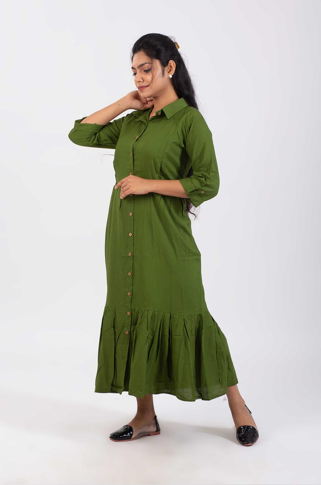 OLIVE GREEN FRONT OPEN PLEATED FEEDING MIDI DRESS