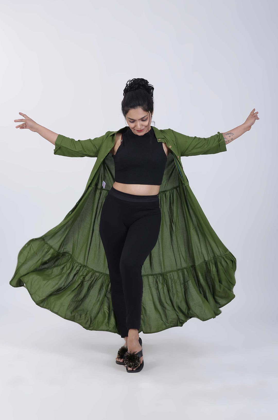 OLIVE GREEN FRONT OPEN PLEATED FEEDING MIDI DRESS